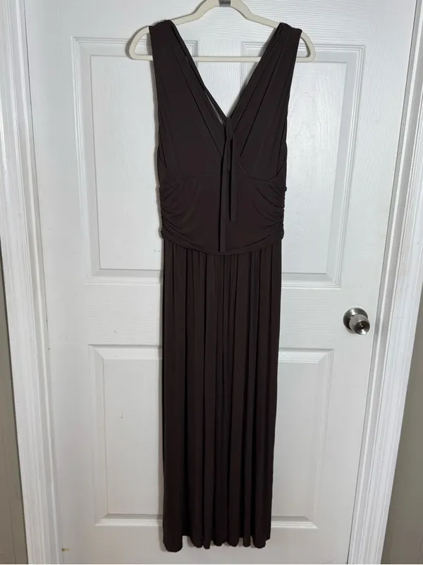 Max Mara Studio Brown Ruched Maxi Dress Size LG Stretch Sleeveless‎ - Image 4
