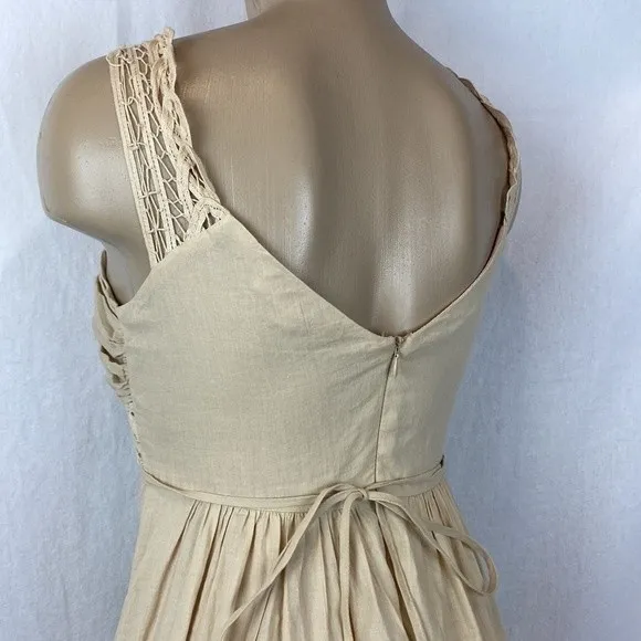 Tan Cotton Crochet Lace Trim Long Sleeveless Maxi Dress M - Image 5