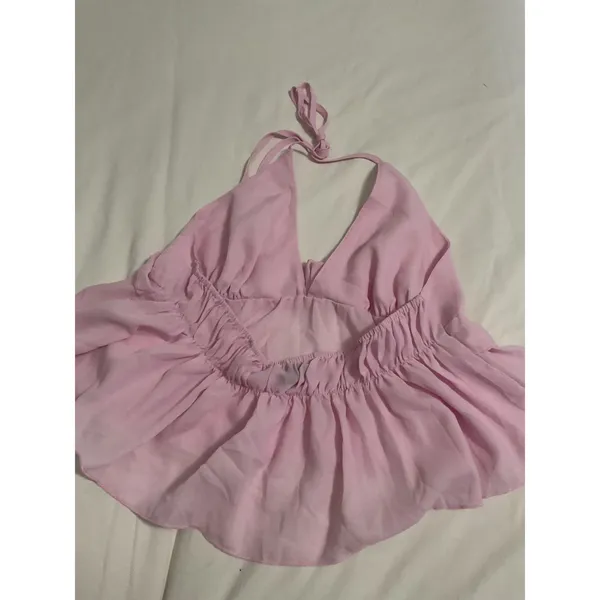 UUE Pink Halter Babydoll Top Open Back Flowy Ruffle Blouse Size XL - Image 5