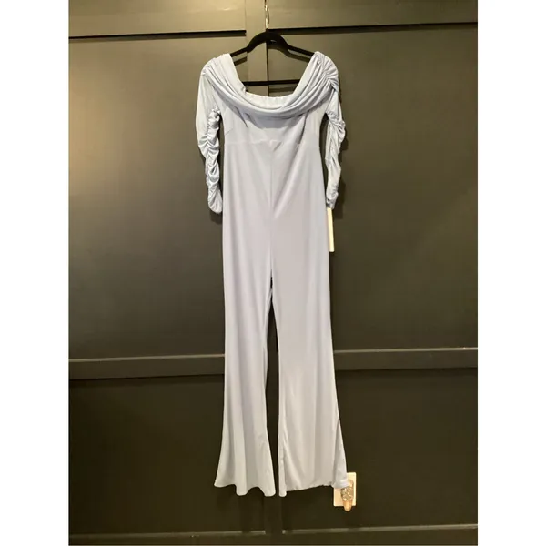 Club L London COUNT DOWN Powder Blue Maternity Ruched Mesh Bardot Jumpsuit 6 NWT - Image 3