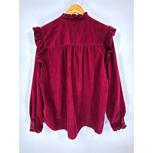Gap Corduroy Ruffle Shirt Womens XL Tall Burgundy Long Sleeve Button Up - Image 5
