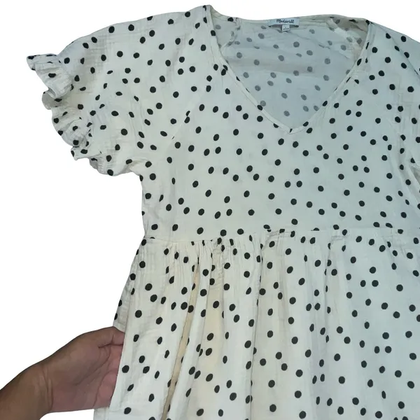 Madewell Womens Babydoll Dress White Polka Dot Gauze Ruffle Pocket Boho L - Image 4