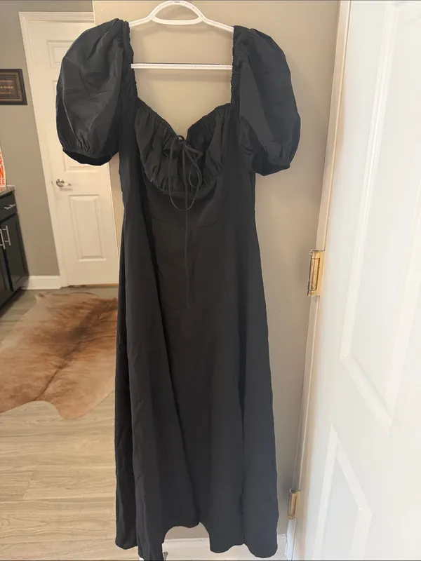 $69 NWOT Marthea Puff Sleeve Tie Front Off Shoulder Slit Thigh Dress - Black M - Image 7