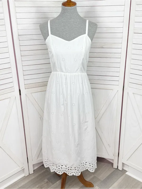 Old Navy White Eyelet Fit Flare‎ Midi Dress Small Sundress Cottagecore Cotton - Image 3