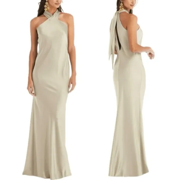 LOVELY Imogen Draped Twist Halter Tie-Back Trumpet Gown in Toasted‎ Sugar, XS - Image 8