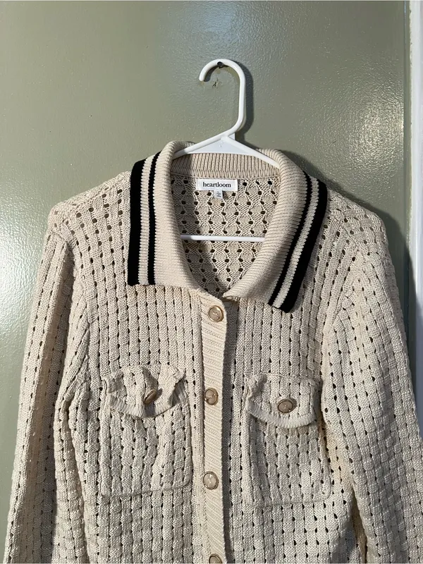 Heartloom Womens Sz Large Posey Cardi Cardigan Sweater Beige Black Marble Button - Image 6