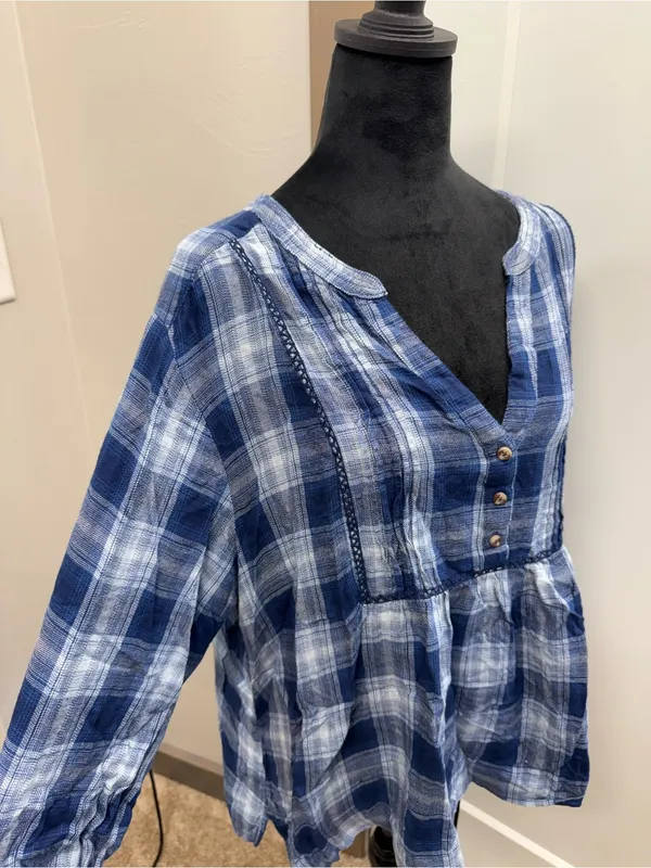 Wrangler Babydoll Plaid Blue White Western Shirt Popover V-Neck Flannel XXL‎ - Image 2