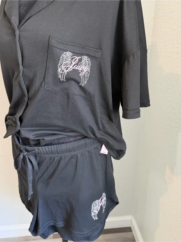 Juicy Couture Black 'Juicy Angel' Short Pajama Set with Pink Embroidery - Image 7