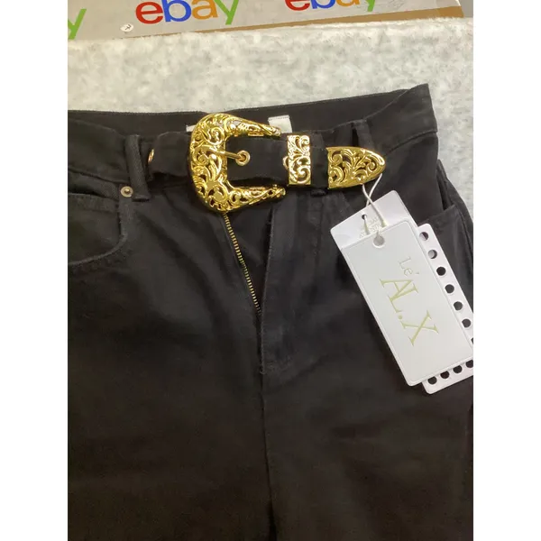 Le'ALX Western Belt Jeans Jet Black High Rise Straight Leg Raw Hem‎ Size 27 NEW - Image 4
