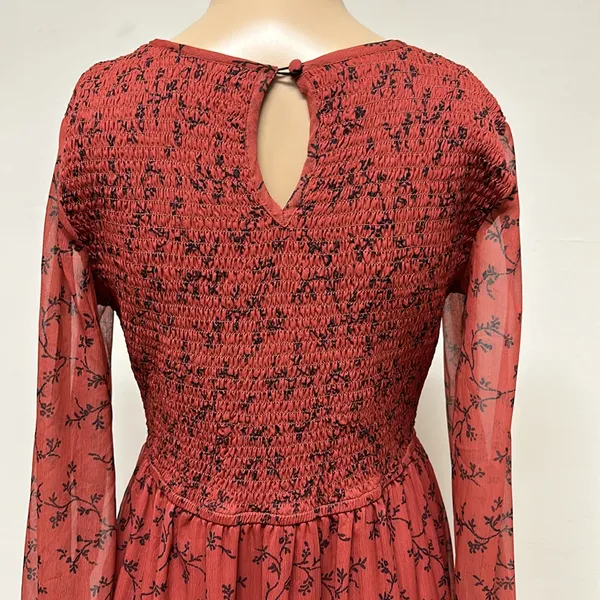 NWT bohme Smocked Tiered Maxi Dress Sheer Sleeves Rust with black design size S - Image 6