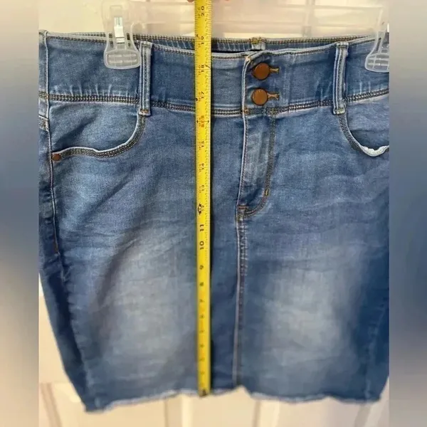 APT 9 Denim Jean Pencil Skirt Pockets‎ Slit Stretch Whiskered Blue Wash Sz 12 - Image 10