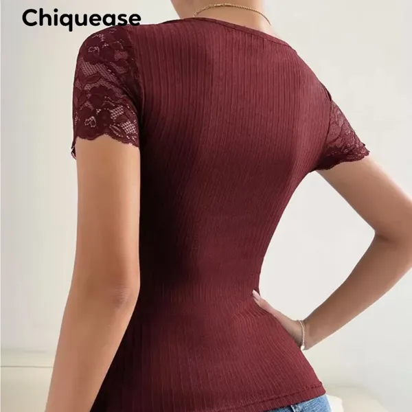 Shein Maroon Lace Panel Rib Knit V-neck Short Sleeve Stretchy T-shirt Top Sz M - Image 2