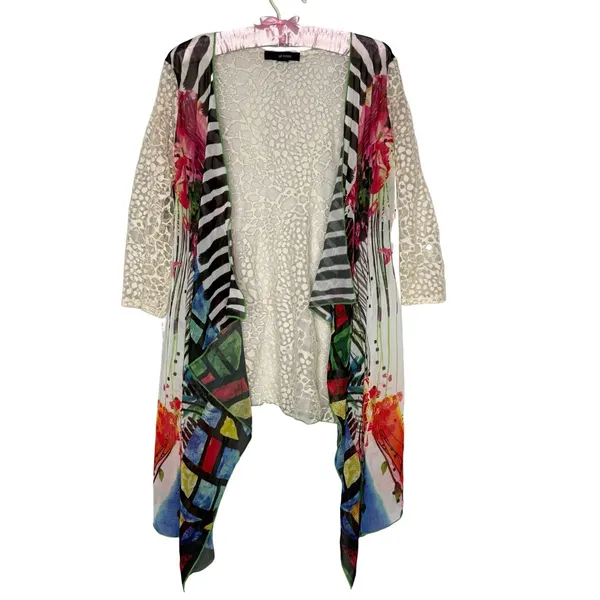 Ali Miles L Tunic Top Artsy Art To Wear Boho Lagenlook Colorful Flowy Lace Sheer - Image 3