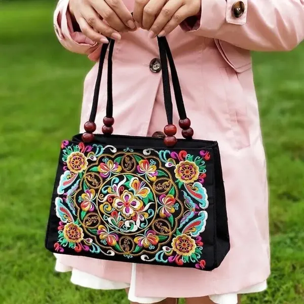 Women's Stylish Floral Embroidered Tote Handbag, Trendy Zipper Canvas Bag - Image 6