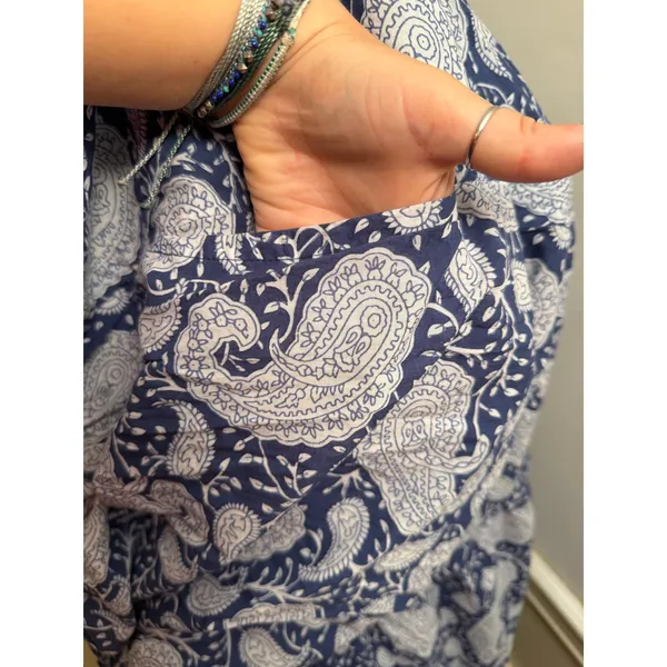 LA PLAGE Emily Cotton Printed Tassel Pocket Maxi Dress Blue White Boho Paisley - Image 8