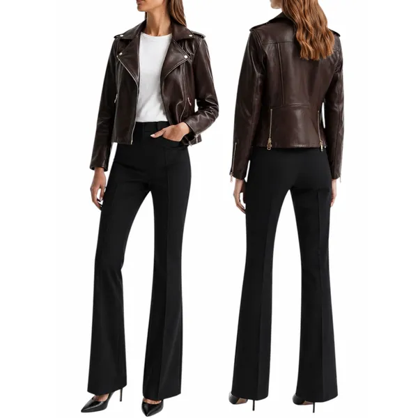 Reiss Leiya Lamb Leather Moto Jacket In Berry Brownish Red Size 4 - Image 2