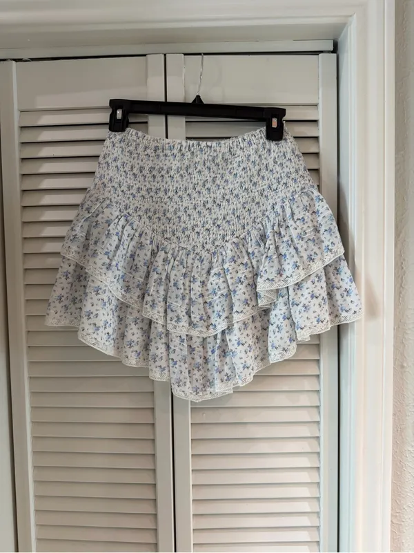 LoveShackFancy Blue Floral Ruffled Smocked Mini Skirt - Image 3