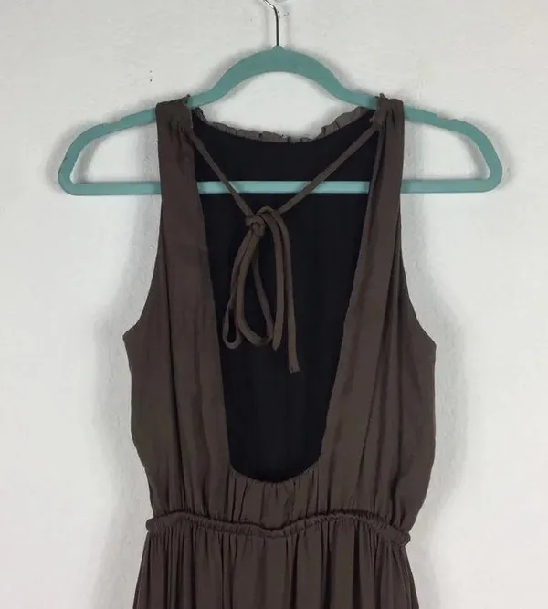 Zara Empire Waist Brown Satin Open Back Slit Maxi Dress Size XS - Image 14