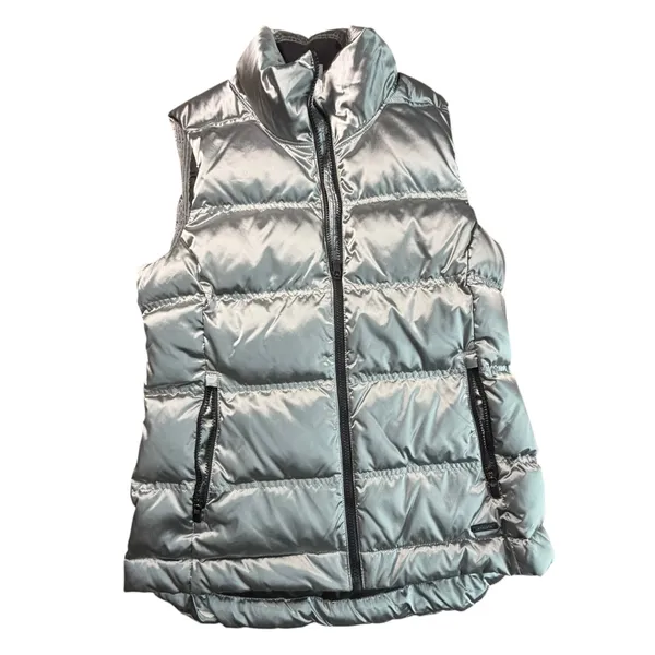 Athleta Womens Metallic Silver Down Puffer Vest Mock Neck Chevron Quilt Size M - Image 2