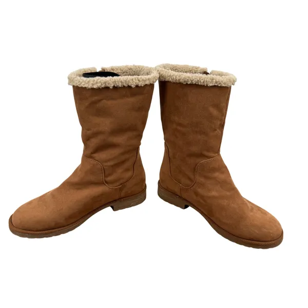 Old Navy‎ Womens Faux Suede Mid Calf Boots Brown Faux Fur Trim Side Zip Size 9 - Image 2