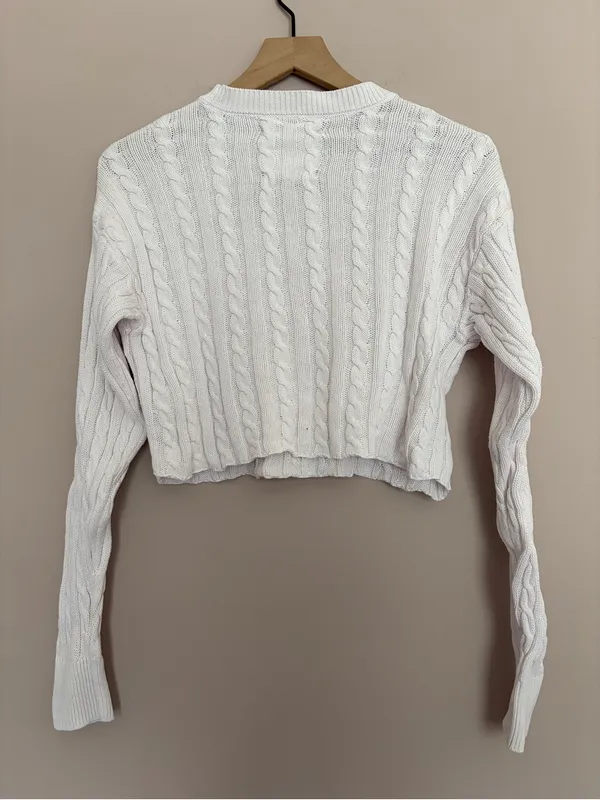 Aerie White Cable Knit Cropped Sweater Small - Image 3