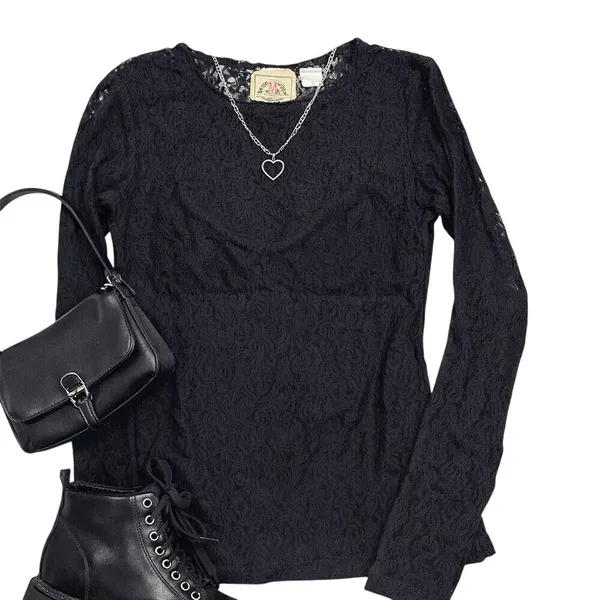 Vintage Black Lace Top Sheer Long Sleeve 90s Dark‎ Fairycore Whimsigoth - Image 4