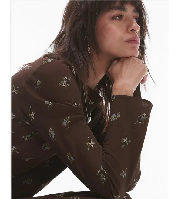NEW Topshop Brown Ditsy Floral Print Satin Slip Long Sleeve Slim Maxi Dress Sz 2 - Image 4