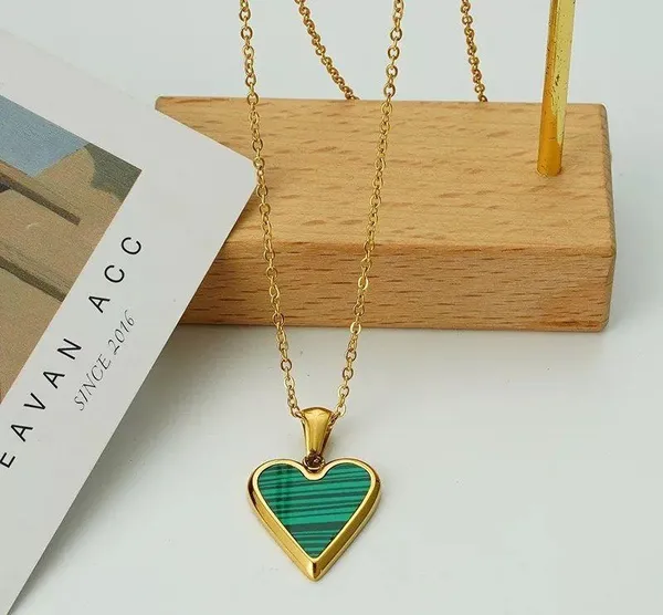 Stainless Steel Malachite Heart Pendant Necklace - Image 2