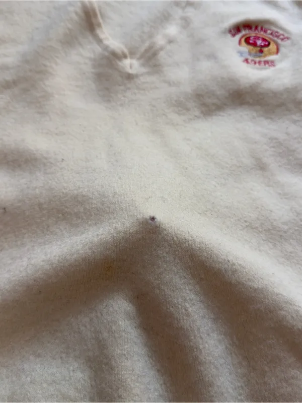 Etonic Vintage San Francisco 49ers Zephyr Wool V-Neck Sweater Cream L *HOLE* - Image 12