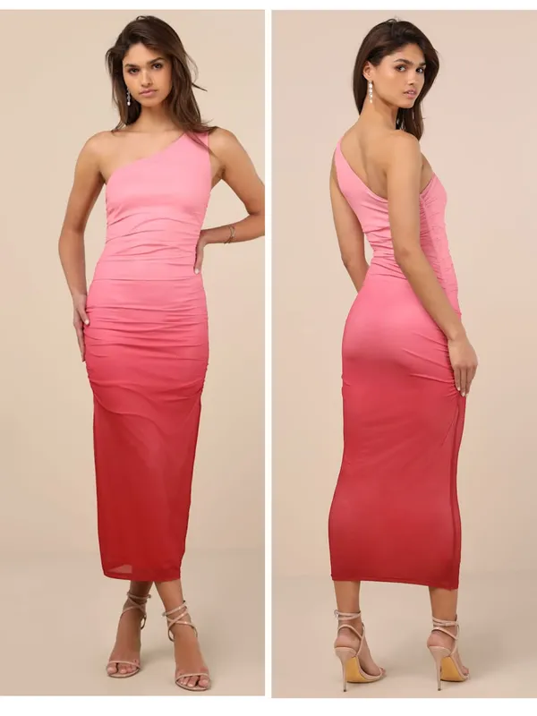 Lulus Beautiful Perception Pink Ombre One-Shoulder Mesh Midi Dress Size Small - Image 2