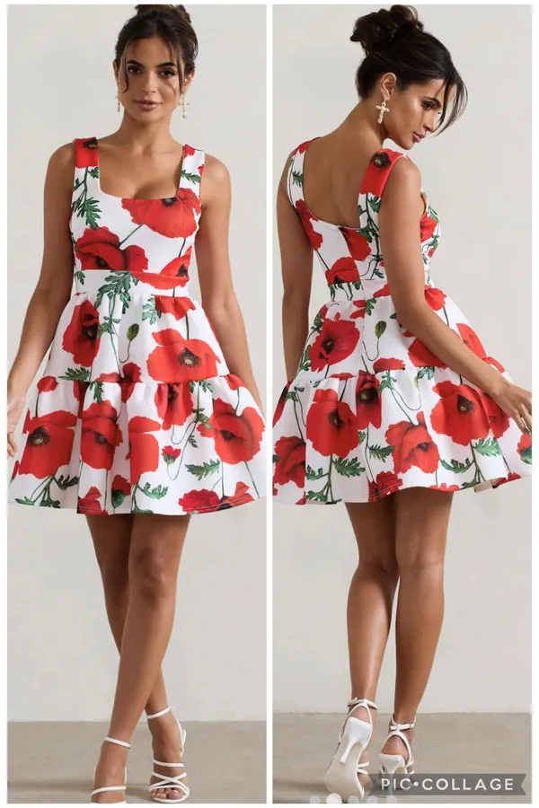 NEW Club L London ALIA Poppy Print Scoop-Neck Tiered Volume Hem Mini Dress US 4 - Image 2
