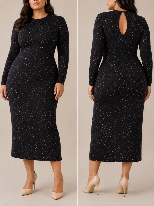 Dancing Leopard Dove Black Abstract Print Long Sleeve Bodycon Stretch Midi Dress - Image 10
