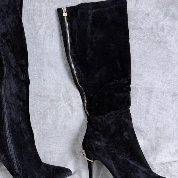 Ariz Suede Knee High Boots Glam Stiletto Pointed Toe Black Women Size 10 - Image 8