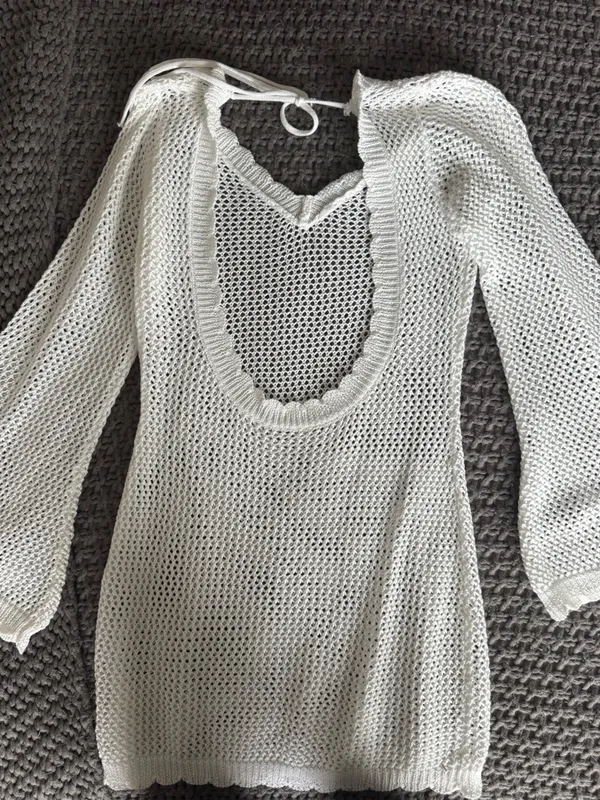 Beginning Boutique White Crochet Knit Long Sleeve Cover-Up Dress - Image 3