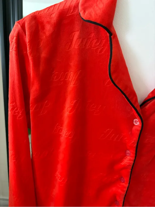 JUICY COUTURE Orange Velour Long Sleeve Button Down Pajama Shirt - Image 3