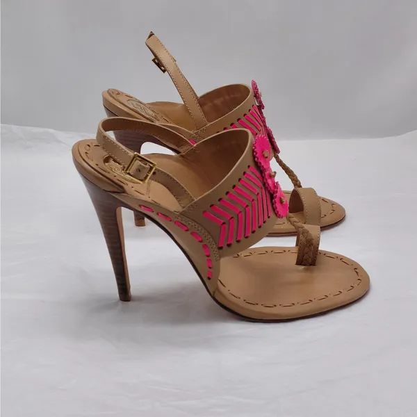 Tory Burch Womens High Heel Sandals Size 7.5 Tan Pink Leather Party Night Out - Image 13