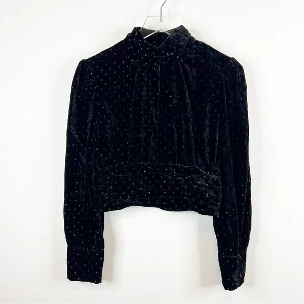 ZARA Velvet Metallic Long Sleeve‎ Crop Top Women's Size S Black Party Glam - Image 2