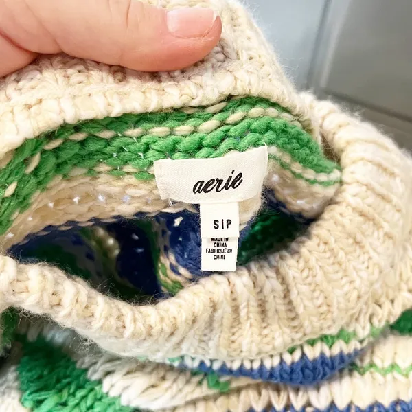 Aerie Long Sleeve Crewneck Chunky Knit Sweater Tan Green Blue Small - Image 3