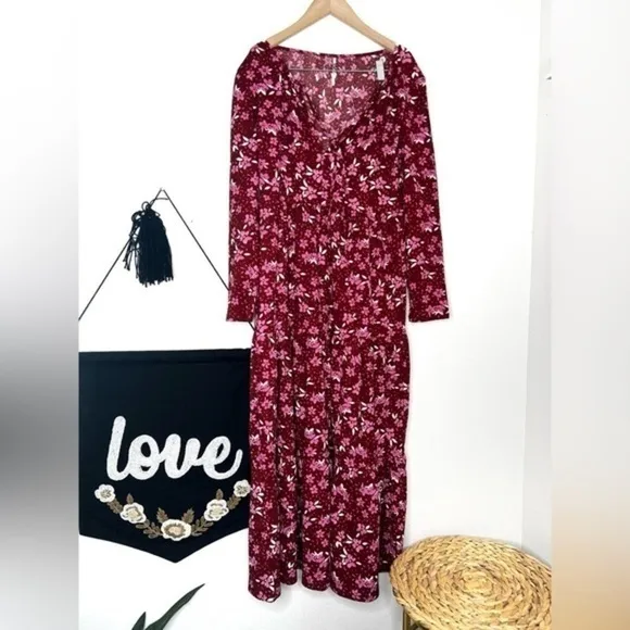 Free People Maxi Dress Tiers Of Joy Floral Boho cottage core maroon purple pink - Image 2
