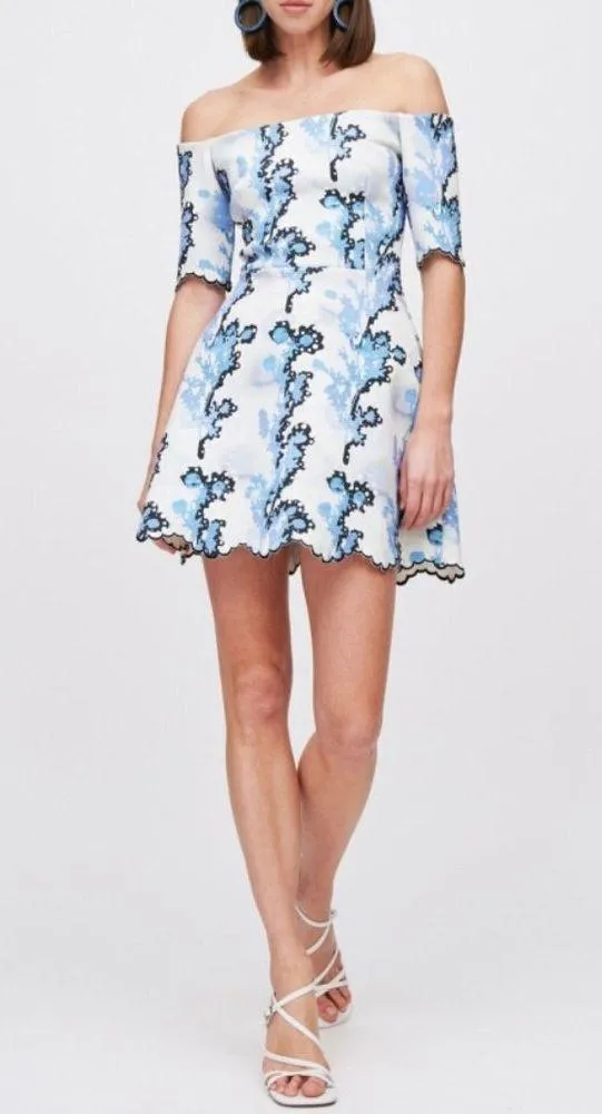 Cynthia Rowley Off-The-Shoulder Blue Ivory Fit And Flare Skater A-Line Neoprene - Image 3
