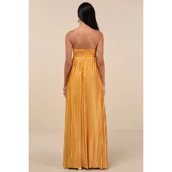 NWOT Lulus Whimsical Beauty Golden Yellow Satin Plisse Strapless Maxi Dress XS - Image 3