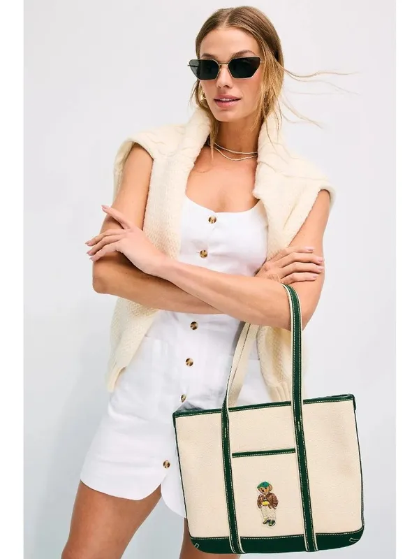 Polo Ralph Lauren Fall Bear Tote in Ecru & Juniper Womens Bag - Image 5