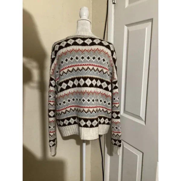 American Eagle Fair Isle Oversized Cardigan Sweater Brown Cream Grey Womens M - Image 3
