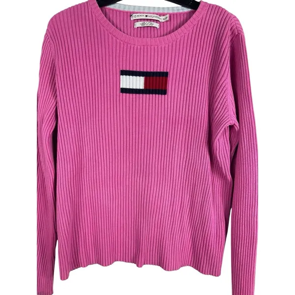 Tommy Hilfiger Ribbed Knit Sweater Womens XL Pink Flag Logo Y2K Preppy FLAW - Image 2