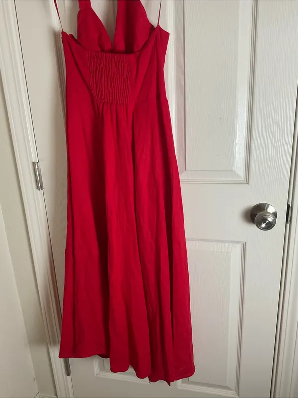 Zara Red Linen Blend Halter Midi Dress Size S Cowl Neck Tortoiseshell Buttons - Image 10