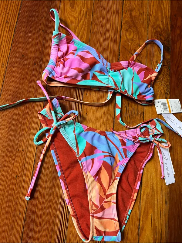 Salt + Cove Multicolor Tropical Leaf Bikini in Pink, Teal & Orange - Image 4