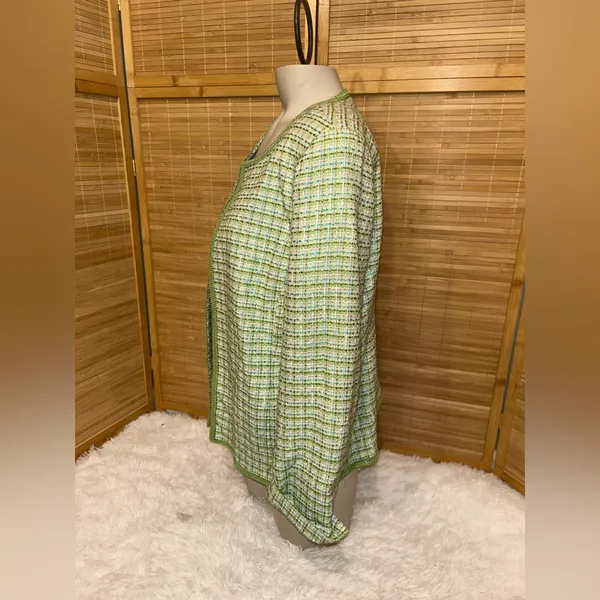 Sag Harbor tweed jacket green blue plaid open front jacket one hook blazer 12P - Image 2
