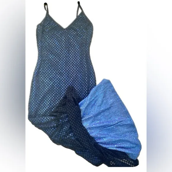 Rampage Old Hollywood Glam Black Netted Blue Lined Sequined Floor Length Dress - Image 4