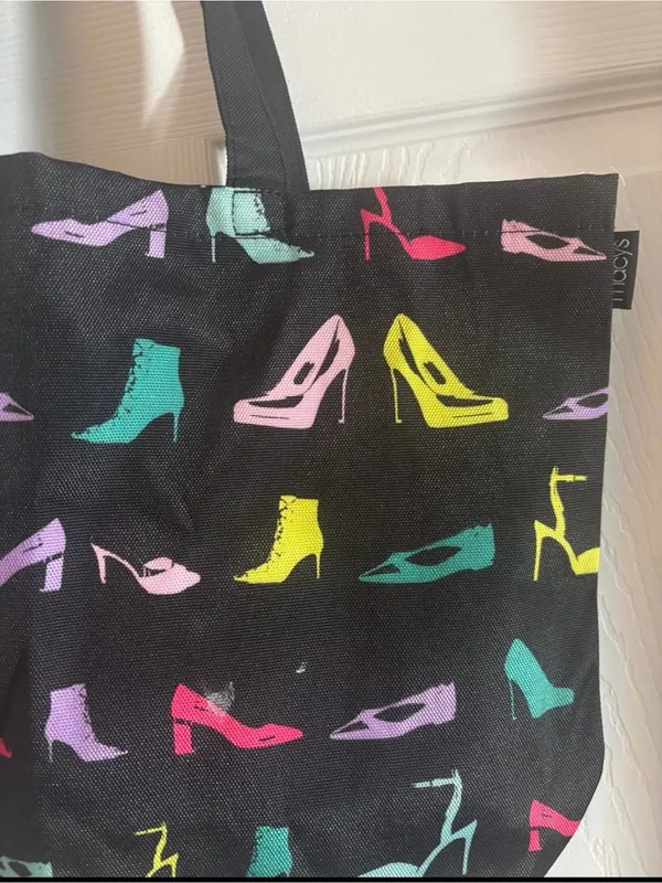 Macy’s Medium Reusable Canvas Tote Bag with Colorful Shoe Print - Black - Image 2