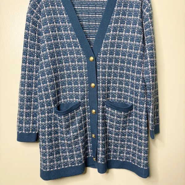 Talbots Merino Wool V Neck Cardigan Sweater Texture Plaid Blue White Size Medium - Image 7